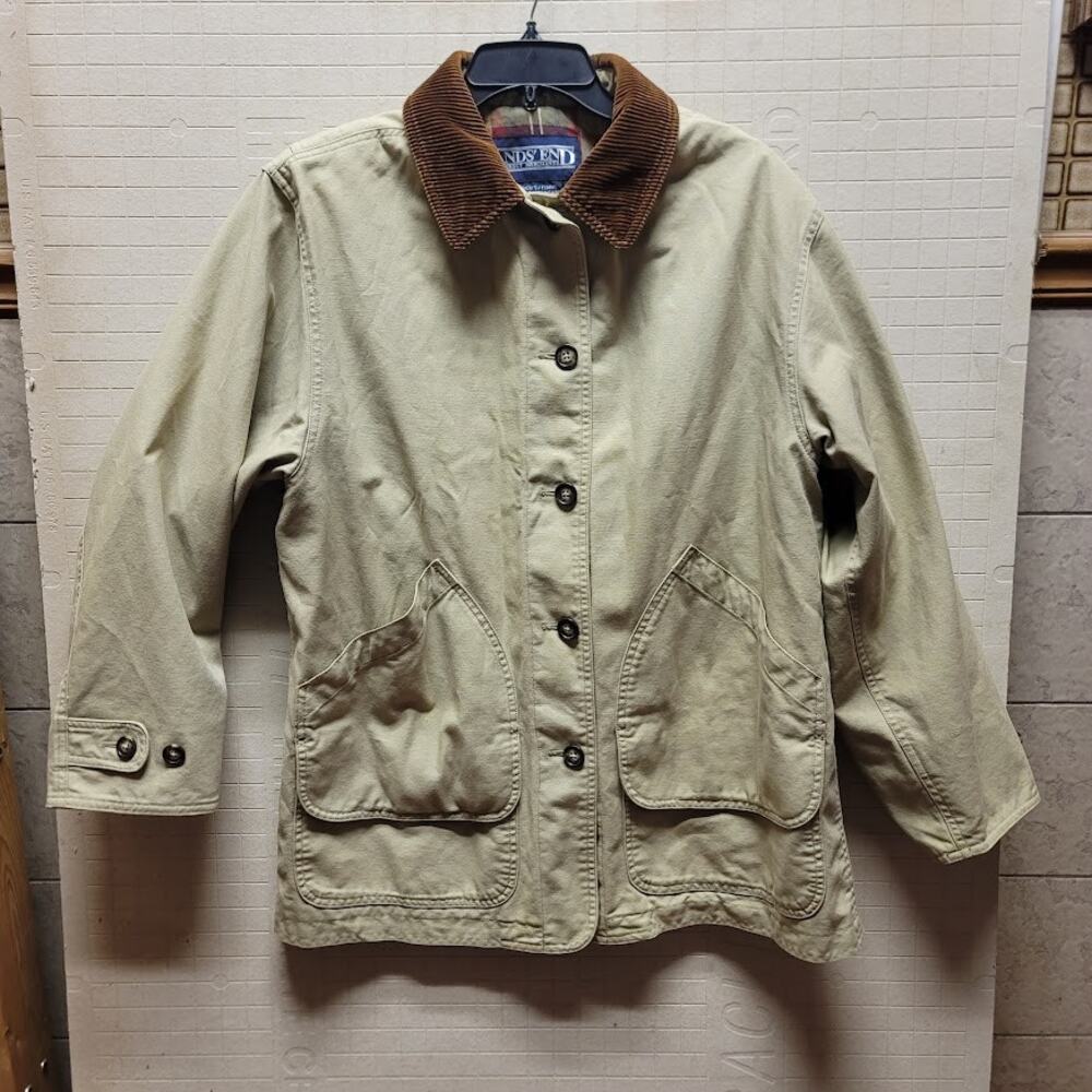 Lands End Vintage Women Large 14-16 Barn Chore Farm Coat Jacket Tan Brown Plaid